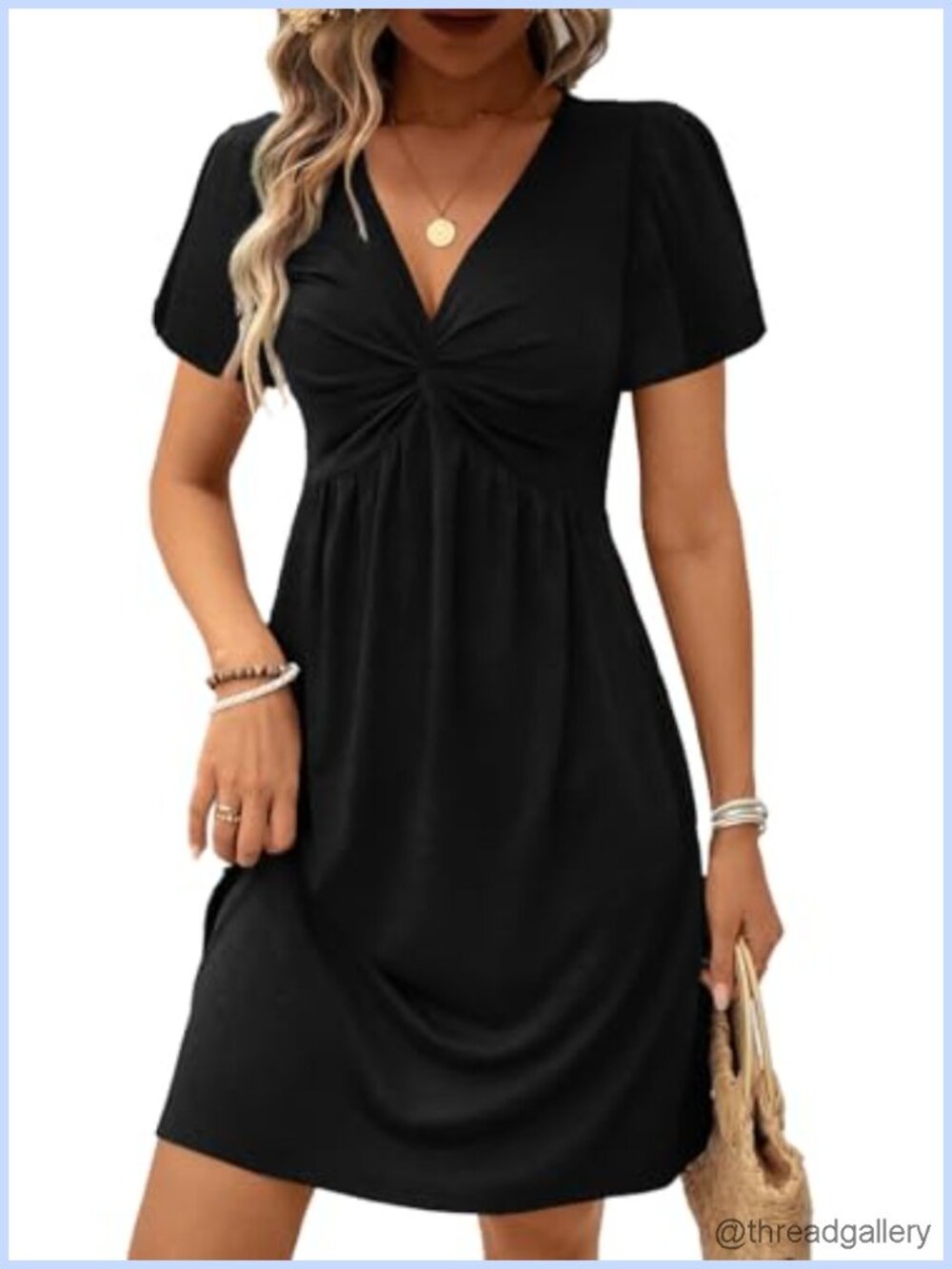 Acelitt Women's Twist Front Mini Dress S-XXL V-Neck A-Line